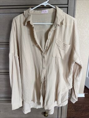 Pink Lily Beige Gauze Button-Up Shirt